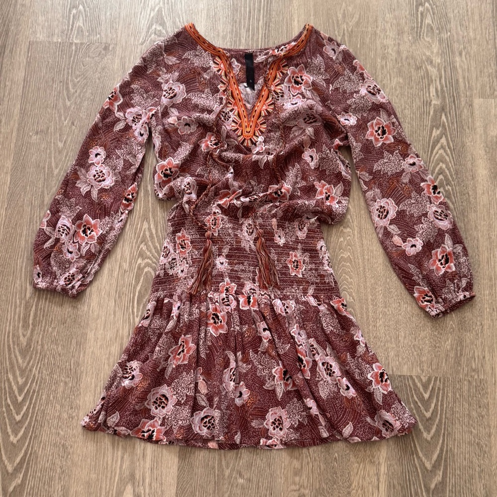 Anthropologie Banjara Embroidered Floral Smocked Peasant Mini Dress Boho Chic S